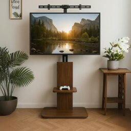 Rackhams 2 Tier Adjustable TV Floor Stand With 2 Shelves - Solid Wood - Brown - 70 - thumbnail 1