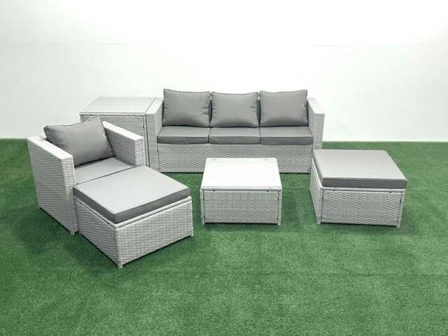 Rackhams Garden Outdoor Furniture Set 6 Seater Rattan Sofa Set with 2 Big Footstools Armchair Side Table Light Grey Mixed - image 1