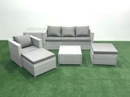 Rackhams Garden Outdoor Furniture Set 6 Seater Rattan Sofa Set with 2 Big Footstools Armchair Side Table Light Grey Mixed - thumbnail 1