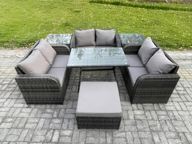 Rackhams Rattan Garden Furniture Set 7 Seater Patio Outdoor Love Sofa Set with Rectangular Dining Table 2 Side Tables Big Footstool Dark Grey Mixed - image 1