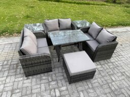 Rackhams Rattan Garden Furniture Set 7 Seater Patio Outdoor Love Sofa Set with Rectangular Dining Table 2 Side Tables Big Footstool Dark Grey Mixed - thumbnail 2