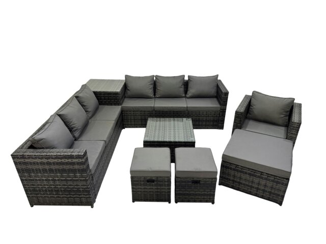 Rackhams 10 Seater Garden Outdoor Rattan Furniture Set Patio Corner Sofa Coffee Table with Side Table 3 Stool Dark Grey - image 1