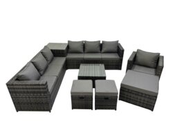 Rackhams 10 Seater Garden Outdoor Rattan Furniture Set Patio Corner Sofa Coffee Table with Side Table 3 Stool Dark Grey - thumbnail 1