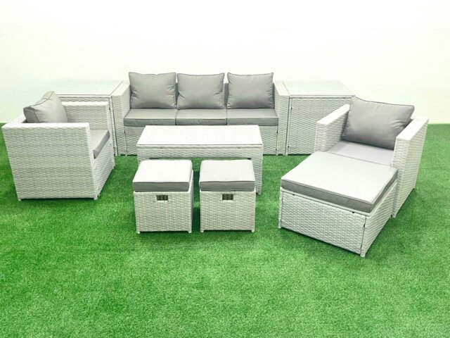 Rackhams Rattan Garden Furniture Set 8 Seater Outdoor Garden Sofa Oblong Coffee Table Set with 2 Chairs 3 Stools 2 Side Tables Light Grey Mixed - image 1
