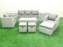 Rackhams Rattan Garden Furniture Set 8 Seater Outdoor Garden Sofa Oblong Coffee Table Set with 2 Chairs 3 Stools 2 Side Tables Light Grey Mixed - thumbnail 1