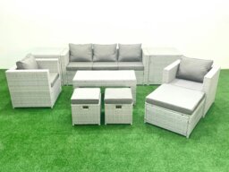 Rackhams Rattan Garden Furniture Set 8 Seater Outdoor Garden Sofa Oblong Coffee Table Set with 2 Chairs 3 Stools 2 Side Tables Light Grey Mixed - thumbnail 2