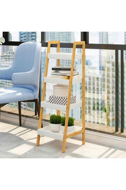Rackhams 4 Tiers Ladder Shelf Storage Organizer Wooden Freestanding Bookshelf Bathroom Storage Rack - Brown - image 1