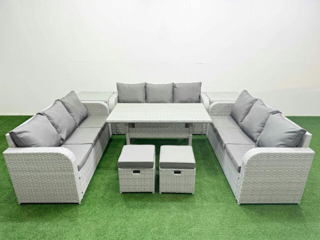 Rackhams PE Rattan Lounge Sofa Set 11 Seater Outdoor Garden Furniture Set with Rectangular Dining Table 3 Seater Sofa 2 Stools 2 Side Table Light Grey - image 1