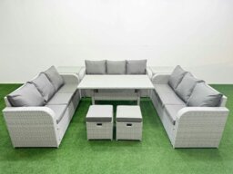 Rackhams PE Rattan Lounge Sofa Set 11 Seater Outdoor Garden Furniture Set with Rectangular Dining Table 3 Seater Sofa 2 Stools 2 Side Table Light Grey - thumbnail 1