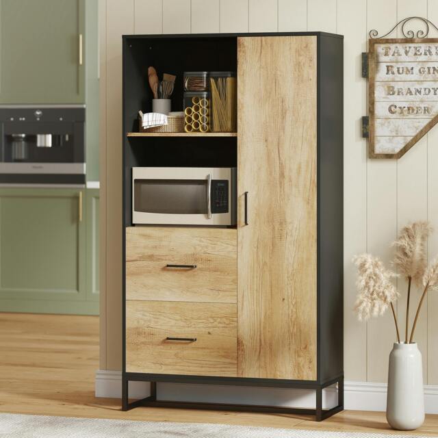 Rackhams Storage Cabinet, Kitchen Pantry Cupboard with Drawers, Shelves - Kitchen cupboard - Particle board, steel - Black, natural wood - image 1