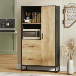 Rackhams Storage Cabinet, Kitchen Pantry Cupboard with Drawers, Shelves - Kitchen cupboard - Particle board, steel - Black, natural wood - thumbnail 1