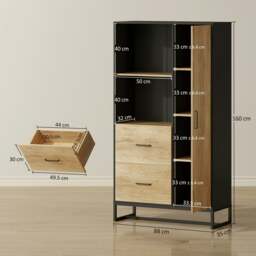 Rackhams Storage Cabinet, Kitchen Pantry Cupboard with Drawers, Shelves - Kitchen cupboard - Particle board, steel - Black, natural wood - thumbnail 6