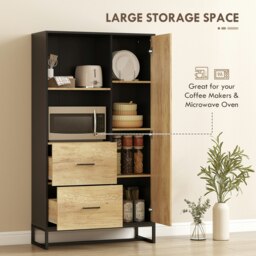 Rackhams Storage Cabinet, Kitchen Pantry Cupboard with Drawers, Shelves - Kitchen cupboard - Particle board, steel - Black, natural wood - thumbnail 4