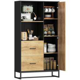 Rackhams Storage Cabinet, Kitchen Pantry Cupboard with Drawers, Shelves - Kitchen cupboard - Particle board, steel - Black, natural wood - thumbnail 3