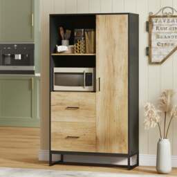 Rackhams Storage Cabinet, Kitchen Pantry Cupboard with Drawers, Shelves - Kitchen cupboard - Particle board, steel - Black, natural wood - thumbnail 2