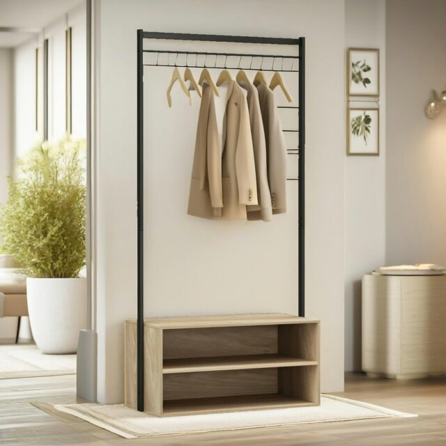 Rackhams Hallway Coat Rack Stand With 2 Storage Shelves Oak - image 1