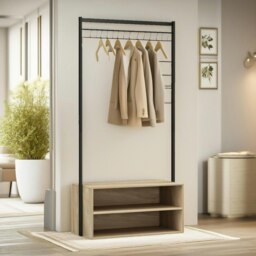 Rackhams Hallway Coat Rack Stand With 2 Storage Shelves Oak - thumbnail 1
