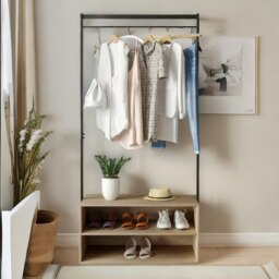 Rackhams Hallway Coat Rack Stand With 2 Storage Shelves Oak - thumbnail 2