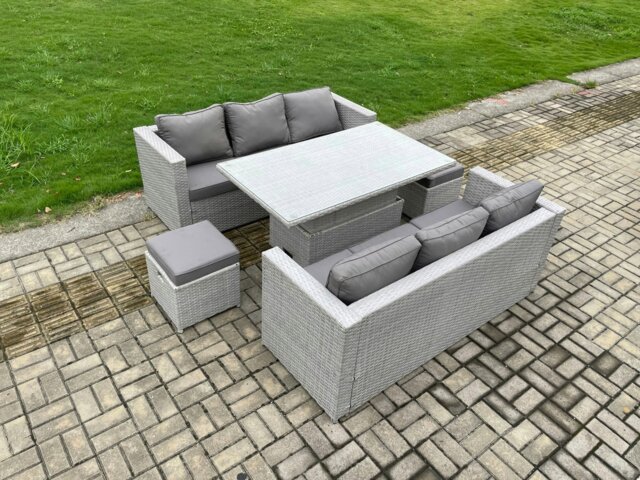 Rackhams Outdoor Rattan Garden Funiture Set Height Adjustable Rising Lifting Table Sofa Dining Set with 2 Small Footstools - image 1