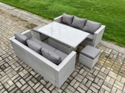 Rackhams Outdoor Rattan Garden Funiture Set Height Adjustable Rising Lifting Table Sofa Dining Set with 2 Small Footstools - thumbnail 2
