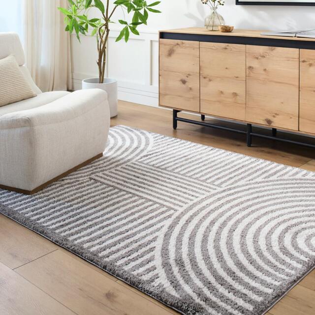 Rackhams Fossay Shag-Washable Beige Charcoal Modern High Pile Rug - 120 x 170 cm