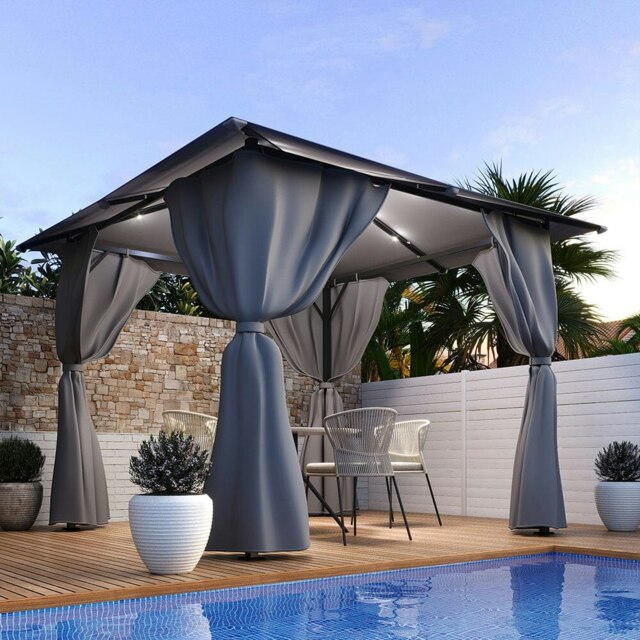 Rackhams 10ft W Garden Sheds Dark Grey Metal Gazebo With Lights - Gray - image 1