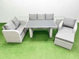 Rackhams Rattan Outdoor Table Reclining Chair Sofa Set with 2 Side Tables Big Stool Light Grey 7 Seater - thumbnail 1