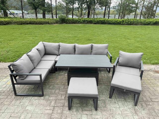 Rackhams 9 Seater Aluminium Garden Furniture Set with Adjustable Rising Dining Table, 2 Footstools - Dark Grey
