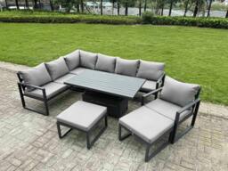 Rackhams 9 Seater Aluminium Garden Furniture Set with Adjustable Rising Dining Table, 2 Footstools - Dark Grey - thumbnail 2