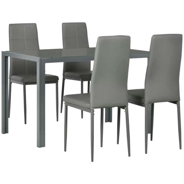 Rackhams 5-Piece Kitchen Dining Table Set with 4 Faux Leather Metal Frame Chairs Glass Tabletop Desk for Dining Room, Kitchen, Dinette, Grey - image 1
