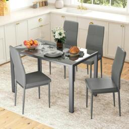 Rackhams 5-Piece Kitchen Dining Table Set with 4 Faux Leather Metal Frame Chairs Glass Tabletop Desk for Dining Room, Kitchen, Dinette, Grey - thumbnail 2