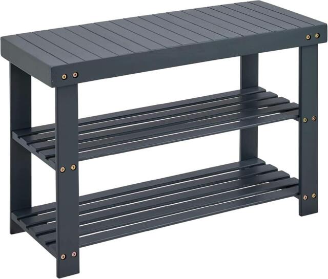 Rackhams Bamboo Shoe Bench 3-Tier Shoe Rack Stand Seater Grey Shoes Organizer Storage Shelf - Shoe Rack - Grey - Bamboo