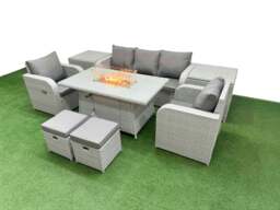Rackhams PE Rattan Garden Furniture Set Reclining Chair Sofa Lounge Sofa Set Fire Pit Dining Table 2 Side Table 2 Small Stools Light Grey - thumbnail 2