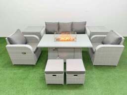 Rackhams PE Rattan Garden Furniture Set Reclining Chair Sofa Lounge Sofa Set Fire Pit Dining Table 2 Side Table 2 Small Stools Light Grey - thumbnail 1