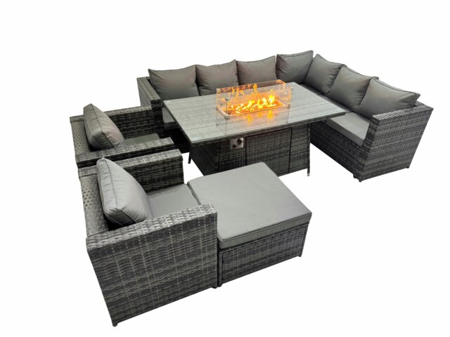 Rackhams Garden Rattan Furniture Set 9 Seater Outdoor Corner Sofa 2 Chair Gas Fire Pit Dining Table Set with Big Stool Dark Grey - image 1