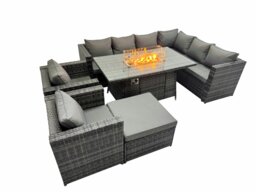 Rackhams Garden Rattan Furniture Set 9 Seater Outdoor Corner Sofa 2 Chair Gas Fire Pit Dining Table Set with Big Stool Dark Grey - thumbnail 1