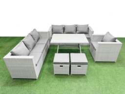 Rackhams Outdoor Rattan Garden Furniture Dining Set 9 seater Patio Rectangular Table 3 Seater Sofa Armchair Set with 2 Small Stools - thumbnail 1