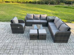 Rackhams Outdoor Rattan Garden Furniture Set Conservatory Patio Sofa Coffee Table With Reclining Chair Side Table 2 Small Footstools Dark Grey Mixed - thumbnail 1