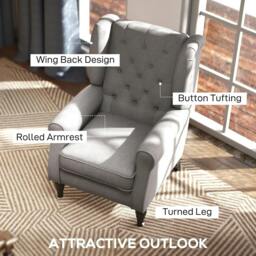 Rackhams Retro Accent Chair, Wingback Armchair with Wood Frame Button Tufted Design for Living Room Bedroom, Grey - thumbnail 4