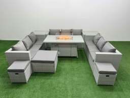 Rackhams PE Rattan Lounge Sofa Set Outdoor Garden Furniture Set with Fire Pit Dining Table 3 Seater Sofa 2 Side Table 3 Stools Light Grey - thumbnail 1