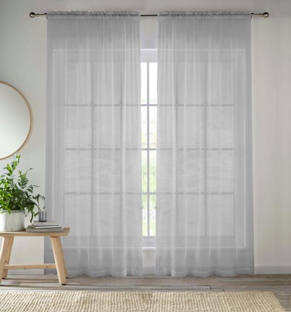 "Rackhams Crystal Plain Sheer Voile Panel Curtains Panel - Pair with Rod Pocket Header - Silver - 57"" (145cm) Width x 72"" (183cm) Drop"