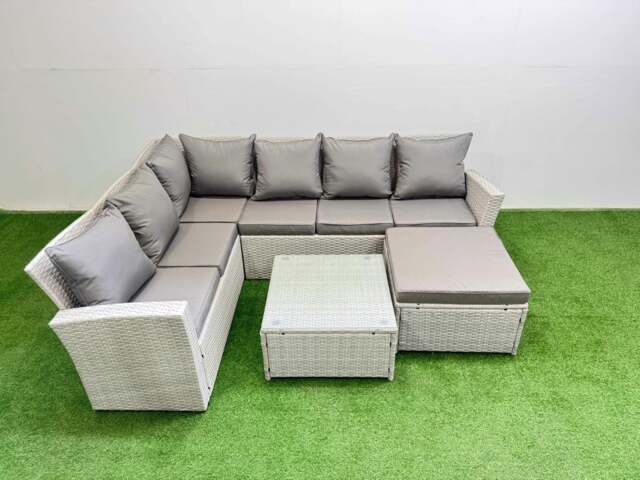 Rackhams Outdoor Rattan Garden Furniture Set 7 Seater Corner Sofa Sets with Square Coffee Table Big Footstool Light Grey Mixed - image 1
