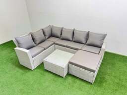 Rackhams Outdoor Rattan Garden Furniture Set 7 Seater Corner Sofa Sets with Square Coffee Table Big Footstool Light Grey Mixed - thumbnail 2