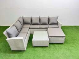 Rackhams Outdoor Rattan Garden Furniture Set 7 Seater Corner Sofa Sets with Square Coffee Table Big Footstool Light Grey Mixed - thumbnail 1