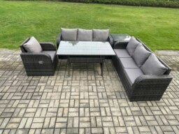 Rackhams 7 Seater Rattan Garden Furniture Set Oblong Rectangular Dining Table and Chairs Set with 3 Seater Sofa Side Tables Dark Grey Mixed - thumbnail 1