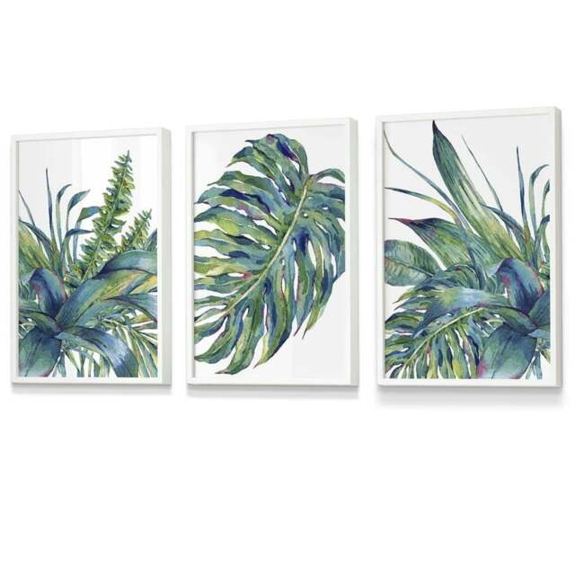 Rackhams Set of 3 Watercolour Green Blue Tropical Leaves Wall Art Framed Prints - 42x59cm (A2) - White - image 1