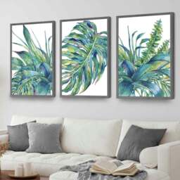 Rackhams Set of 3 Watercolour Green Blue Tropical Leaves Wall Art Framed Prints - 42x59cm (A2) - White - thumbnail 3