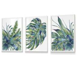 Rackhams Set of 3 Watercolour Green Blue Tropical Leaves Wall Art Framed Prints - 42x59cm (A2) - White - thumbnail 1