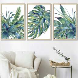 Rackhams Set of 3 Watercolour Green Blue Tropical Leaves Wall Art Framed Prints - 42x59cm (A2) - White - thumbnail 2
