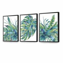 Rackhams Set of 3 Watercolour Green Blue Tropical Leaves Wall Art Framed Prints - 42x59cm (A2) - White - thumbnail 4